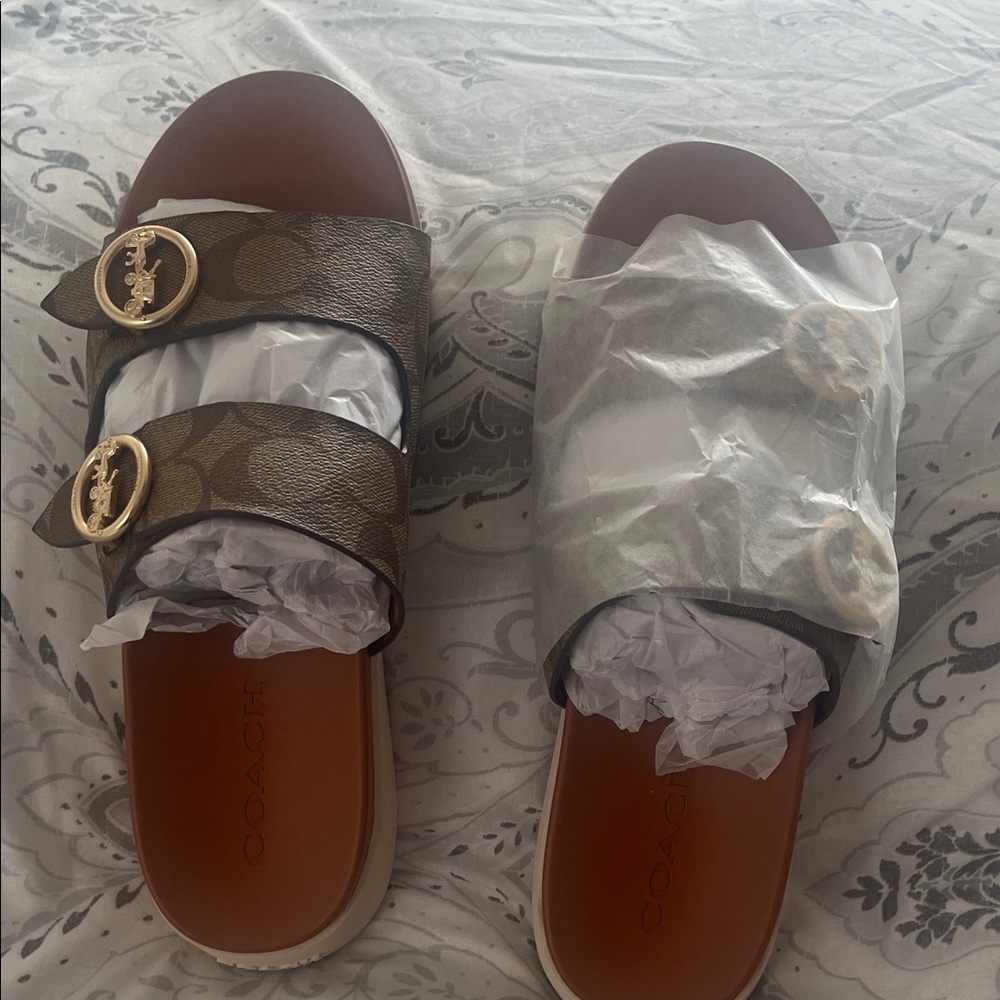 Coach Tan and Brown Buckle Sandals